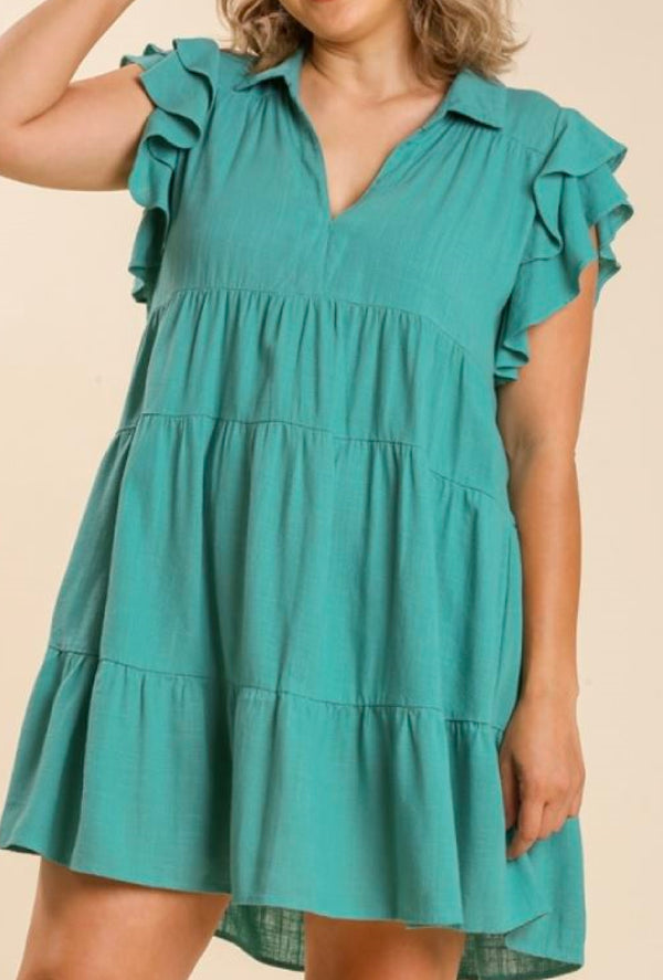 Jaden - Umgee Linen blend collar split neck short ruffle sleeve tiered dress with no lining - Jade