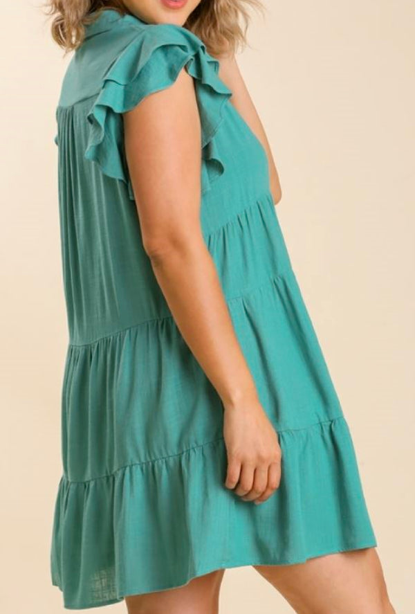 Jaden - Umgee Linen blend collar split neck short ruffle sleeve tiered dress with no lining - Jade