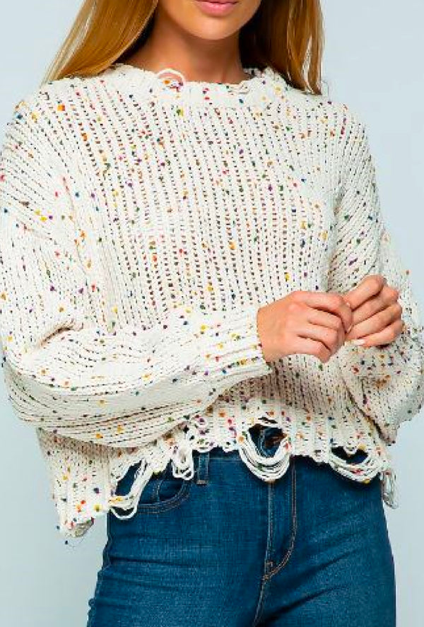 Janys - Chenille popcorn speckles distressed pullover crop sweater