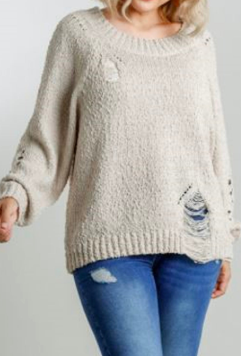 Jean - Umgee Distressed detail round neck pullover sweater - Stone