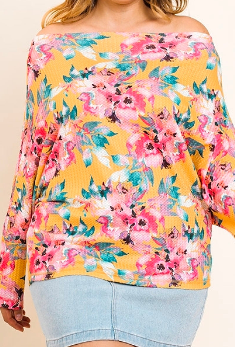 Jeri-Umgee Floral print waffle knit off shoulder long sleeve top - Sunray Mix