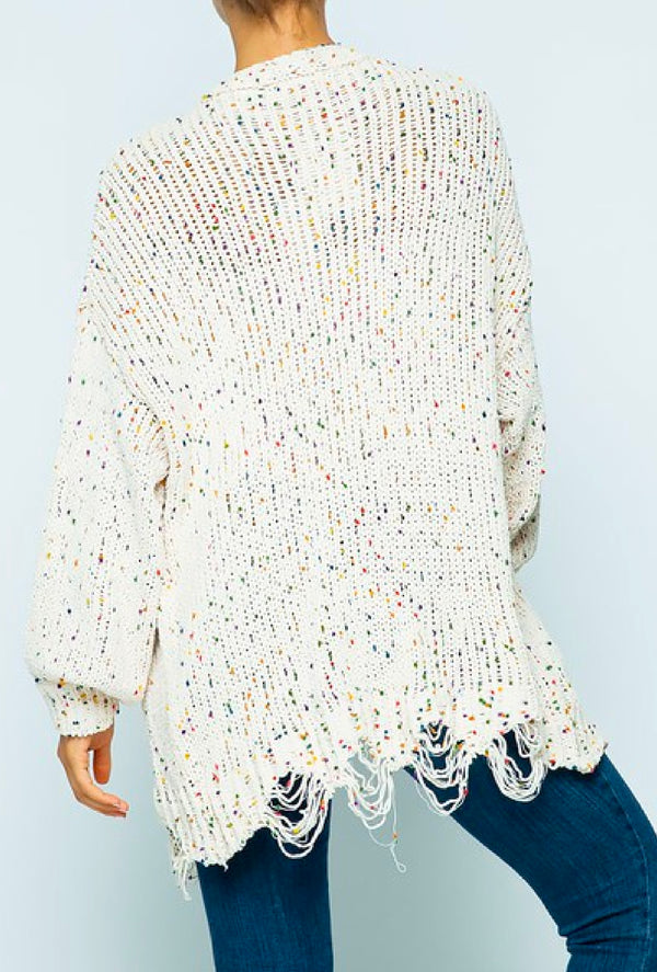 Joni -Destroyed hem cardigan w rainbow popcorn speckles