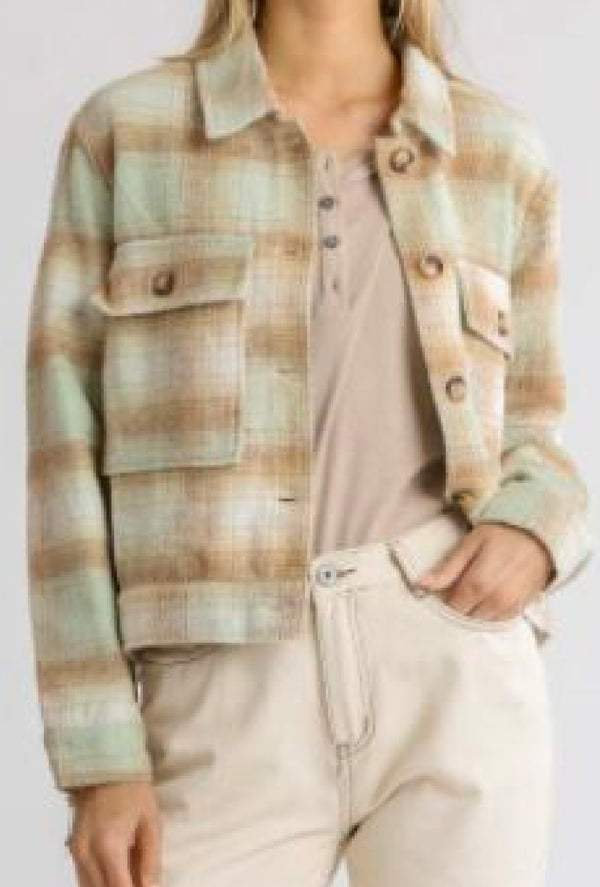 Kara - Brushed twill plaid collar button down cropped jacket with front pockets