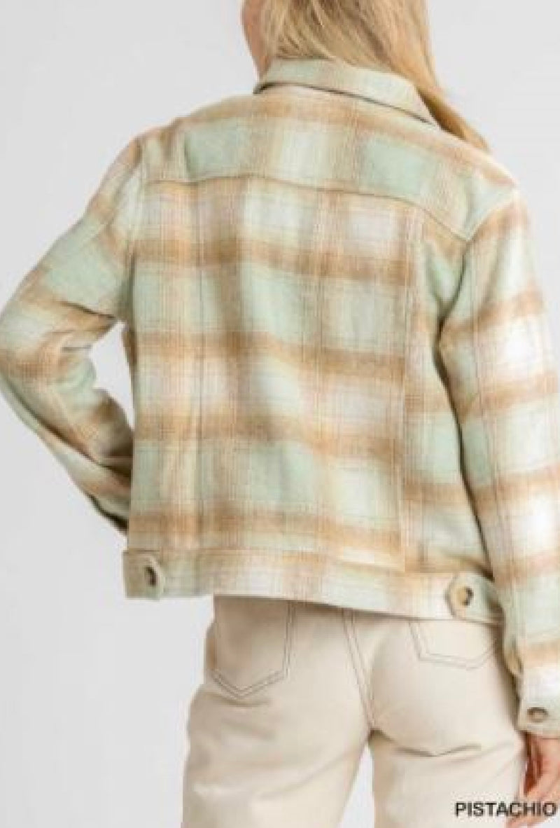 Kara - Brushed twill plaid collar button down cropped jacket with front pockets