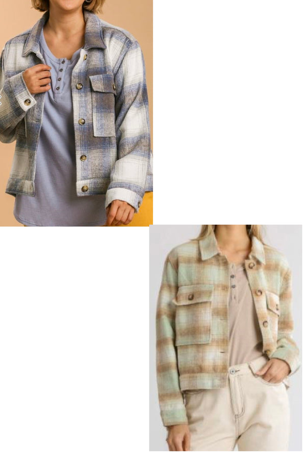 Kara - Brushed twill plaid collar button down cropped jacket with front pockets