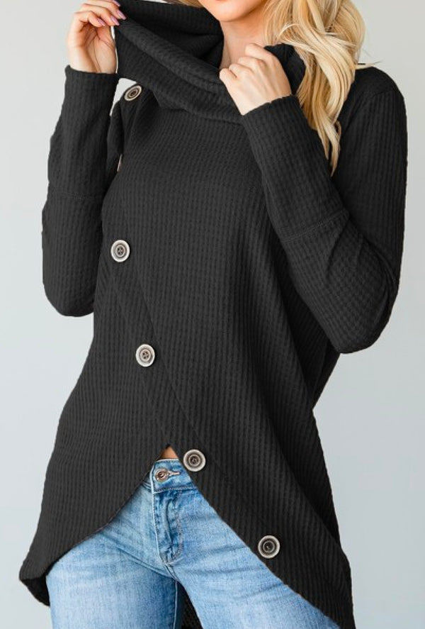 Karen - Waffle turtle neck long sleeve sweater with button trim - Black