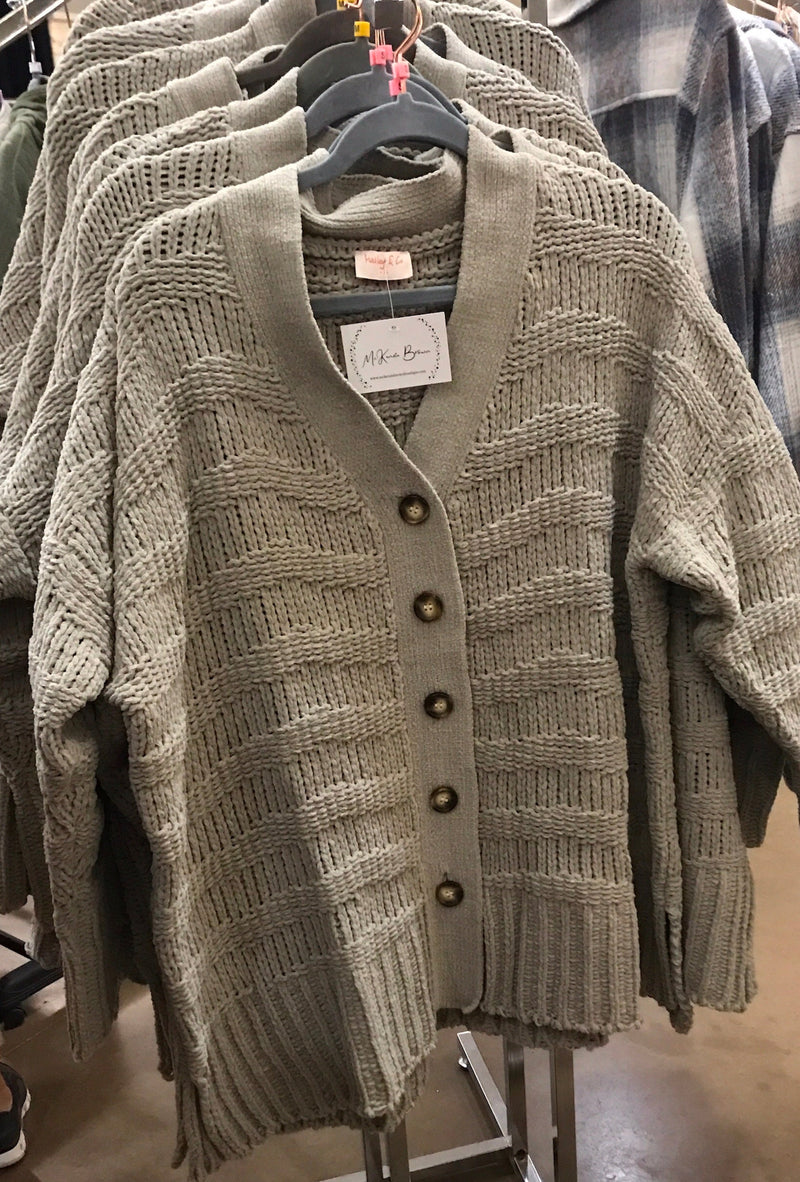 Katrina - Oversized cable knit sweater cardigan, functional buttons, banded hem and cuff, slit on the side - Sage