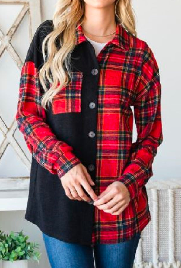 Kaycee Red - Long puff sleeve basic collar solid and plaid print contrast button down shacket with front pocket detail