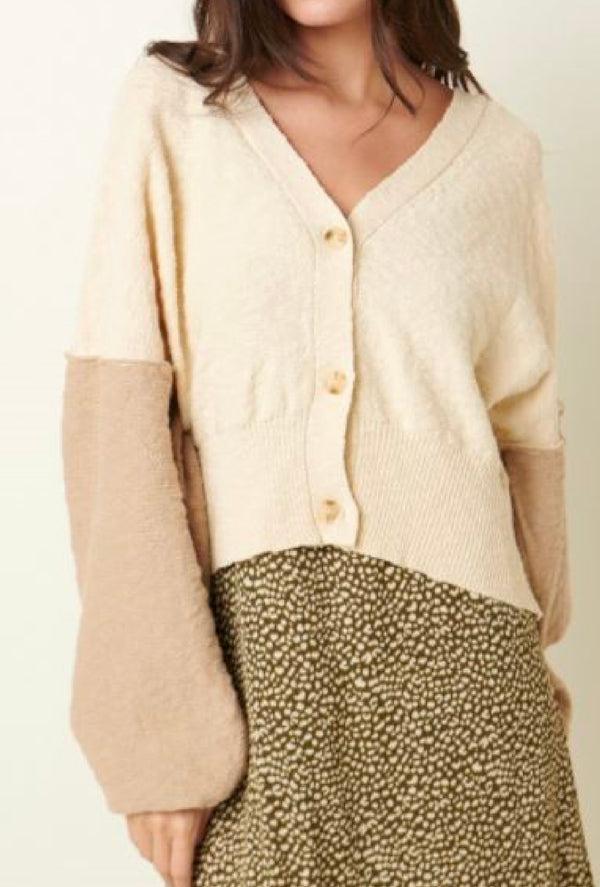 Kit - V-neck color block cardigan with button closure, long sleeve, drop shoulder - Cream/Taupe