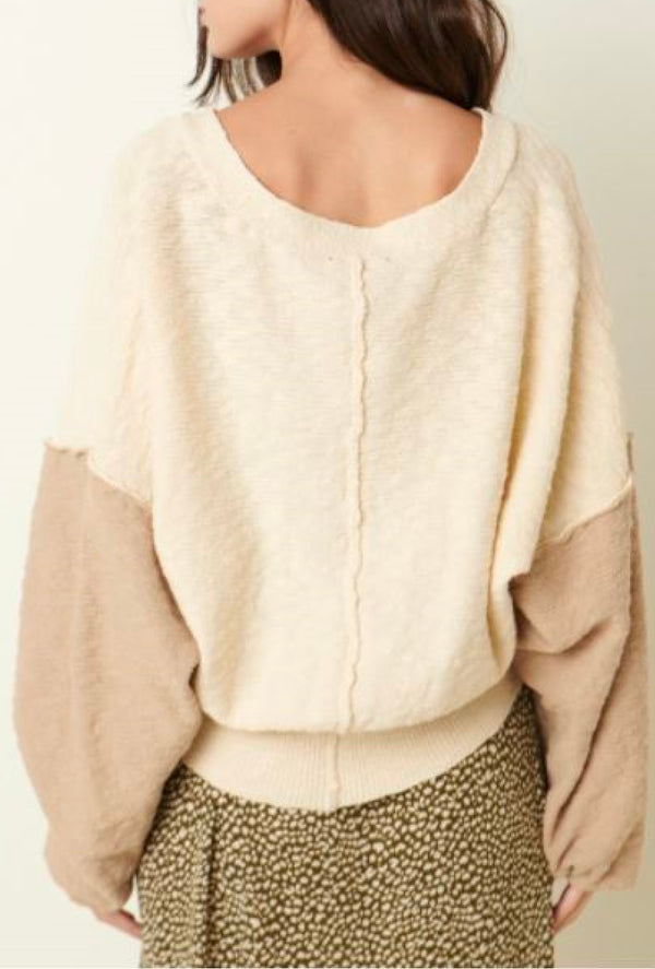 Kit - V-neck color block cardigan with button closure, long sleeve, drop shoulder - Cream/Taupe