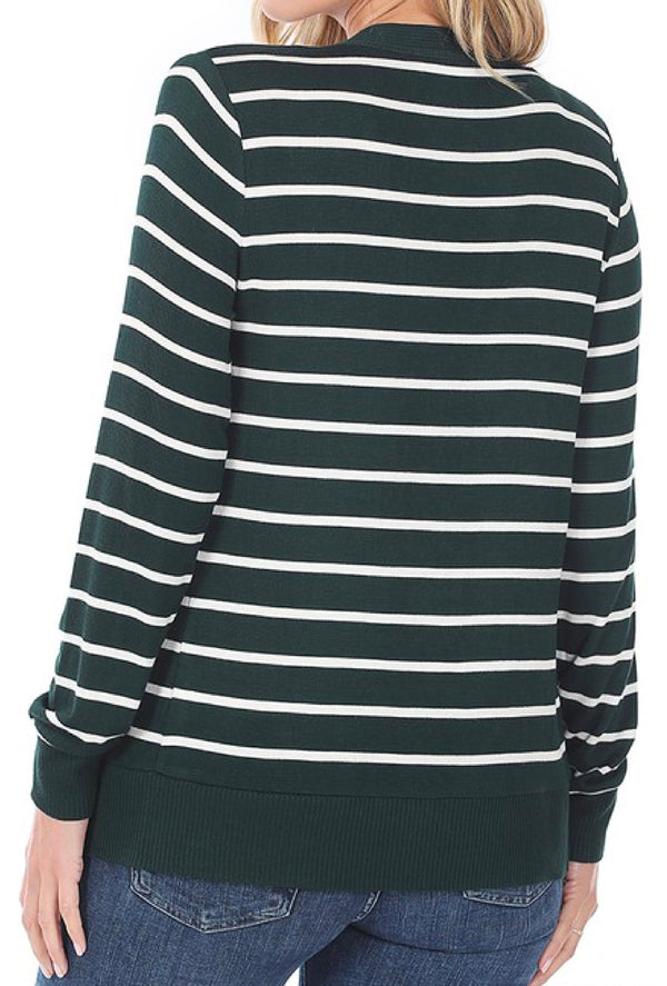 Laura - Striped snap button cardigan sweater with rib details on neckline, hem & sleeve - Hunter Green