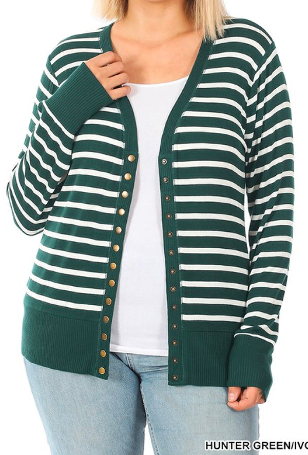 Laura - Striped snap button cardigan sweater with rib details on neckline, hem & sleeve - Hunter Green