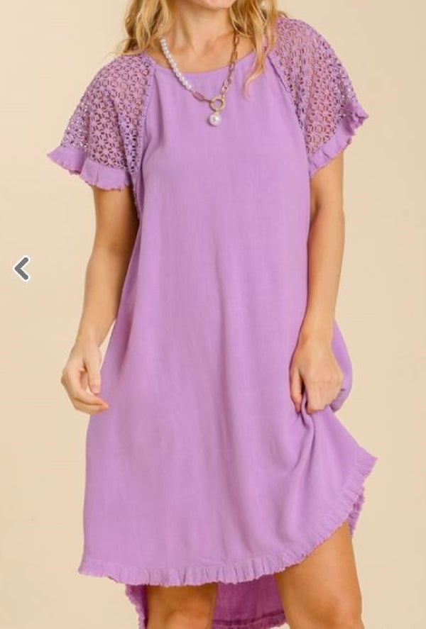 Lillie - Umgee Linen blend round neck crochet fringe short sleees detail dress with pockets - Lavender