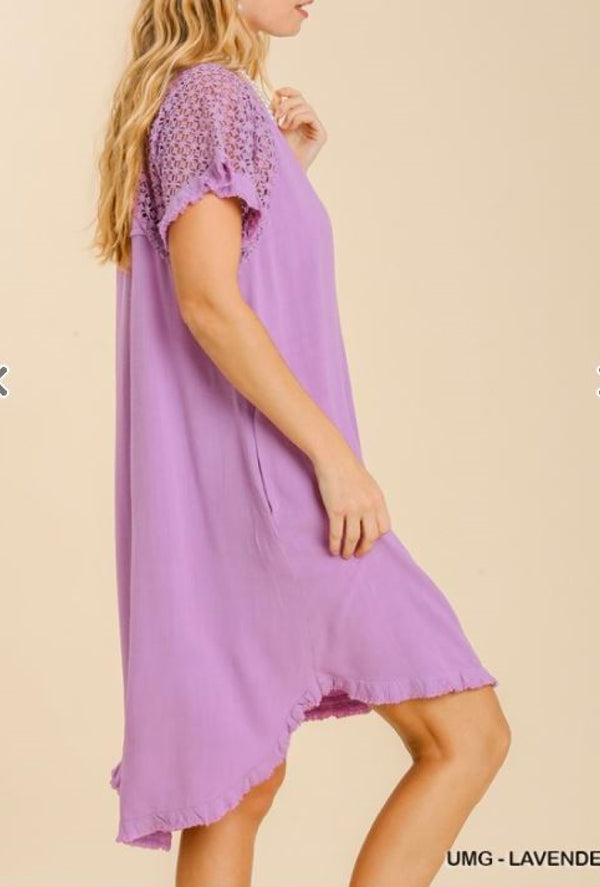 Lillie - Umgee Linen blend round neck crochet fringe short sleees detail dress with pockets - Lavender