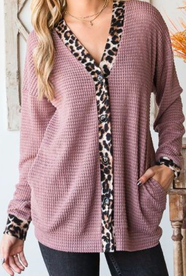 Marcy - Long sleeve solid waffle and animal leopard print contrast button down shacket with wide pocket detail - Mauve