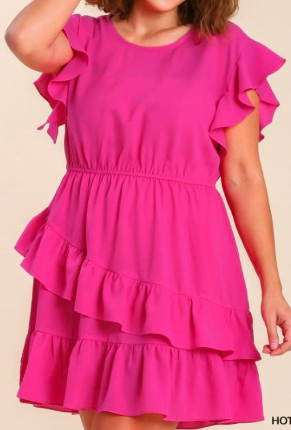 Maree - Umgee Asymmetric ruffle dress with back keyhole & no lining - Hot Pink