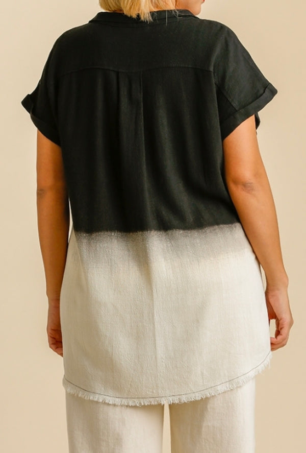 Mila - Umgee Linen blend bleach dip dye collared button down shirt with short folded sleeve and frayed hem - Black