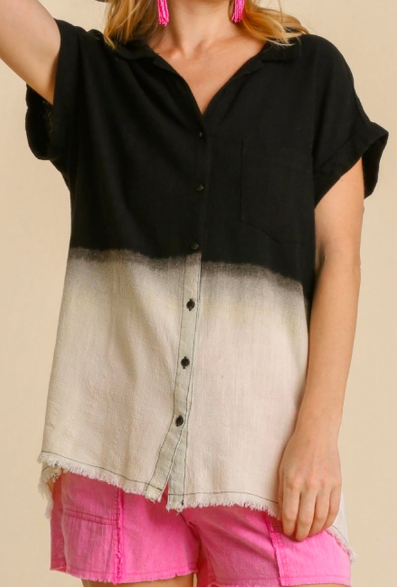 Mila - Umgee Linen blend bleach dip dye collared button down shirt with short folded sleeve and frayed hem - Black