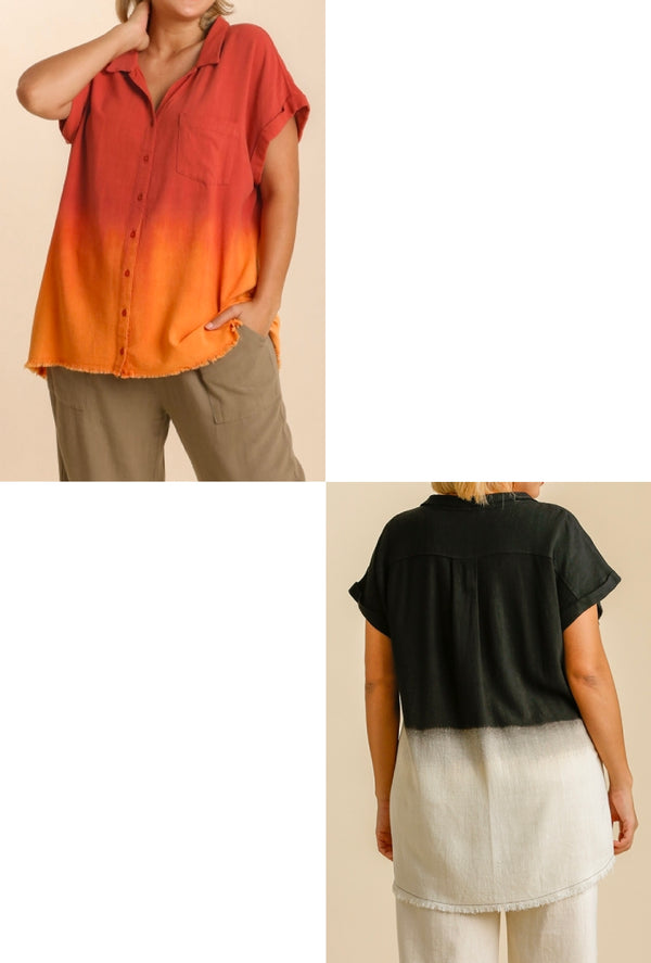 Mila - Umgee Linen blend bleach dip dye collared button down shirt with short folded sleeve and frayed hem - Black