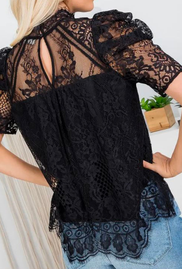 Mindee - Lace blouse with high neck and half puff sleeves, button closed back neck line, eyelash scalloped hemline - Black