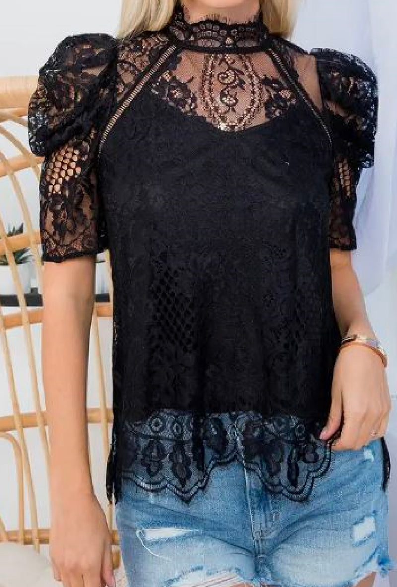 Mindee - Lace blouse with high neck and half puff sleeves, button closed back neck line, eyelash scalloped hemline - Black