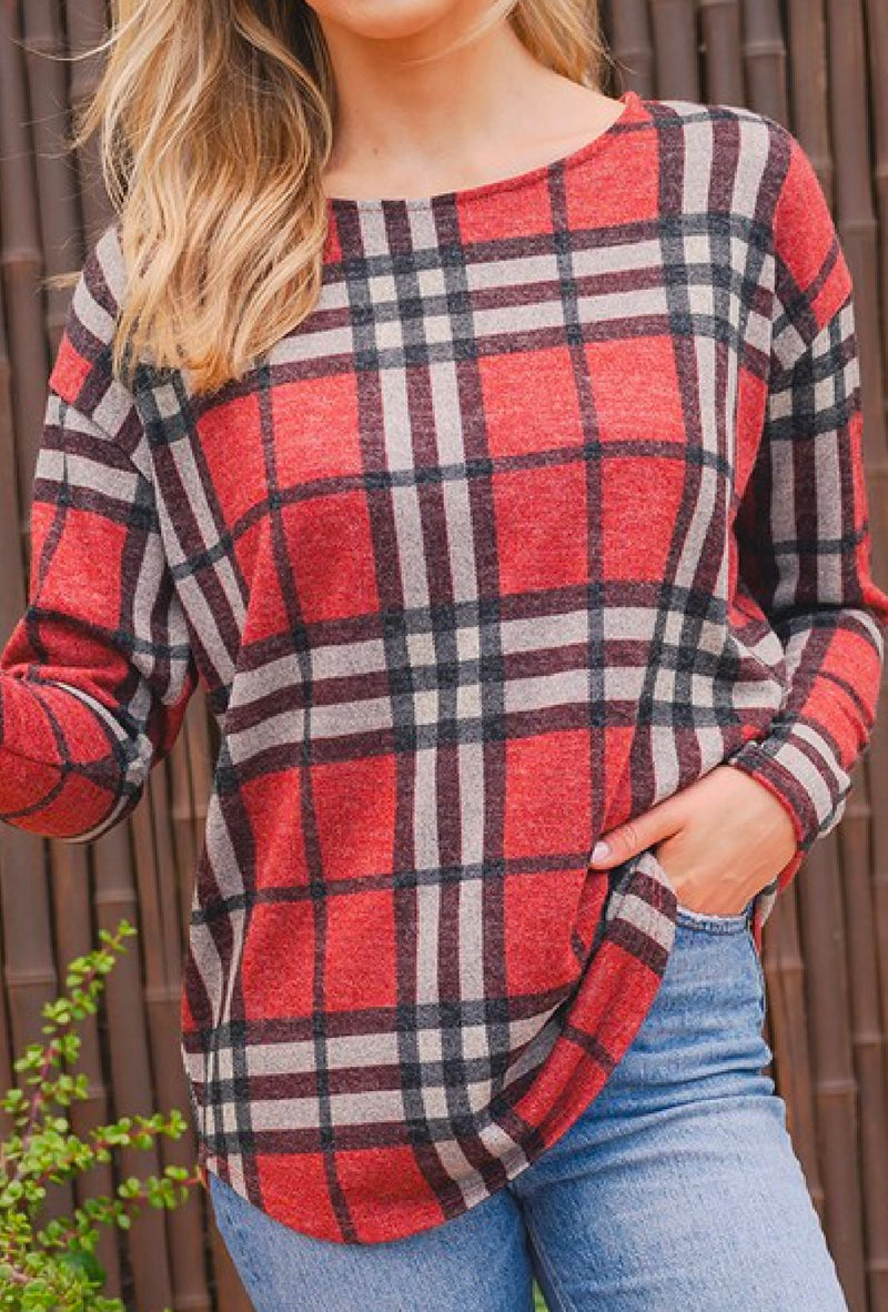 Misty - Plaid print relaxed fit top with boat neckline and long sleeves