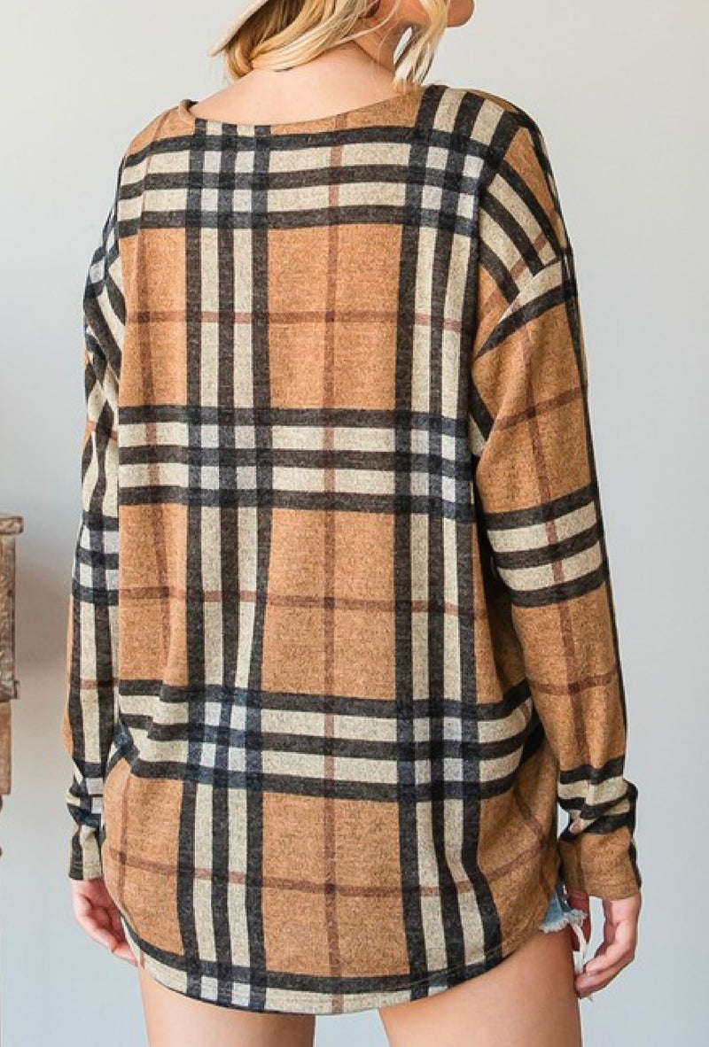 Misty - Plaid print relaxed fit top with boat neckline and long sleeves