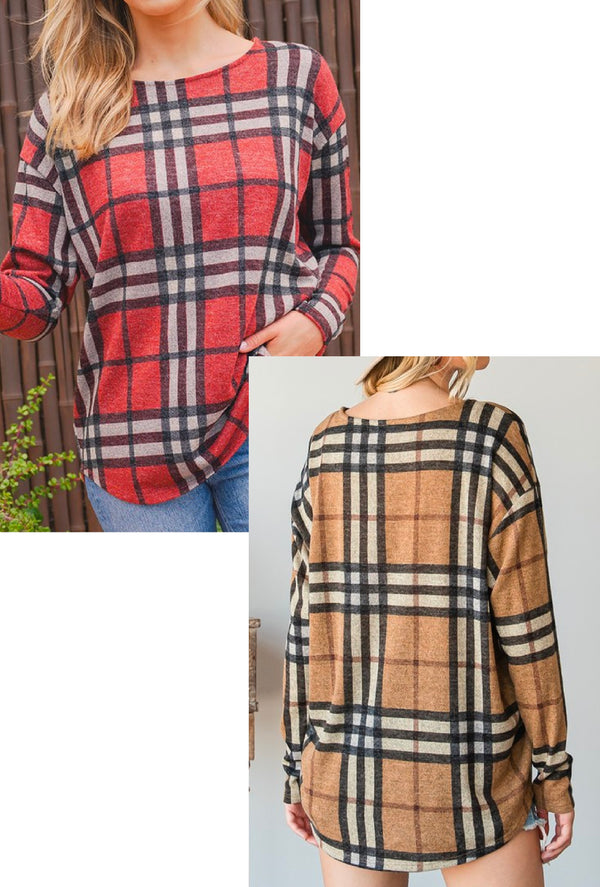 Misty - Plaid print relaxed fit top with boat neckline and long sleeves