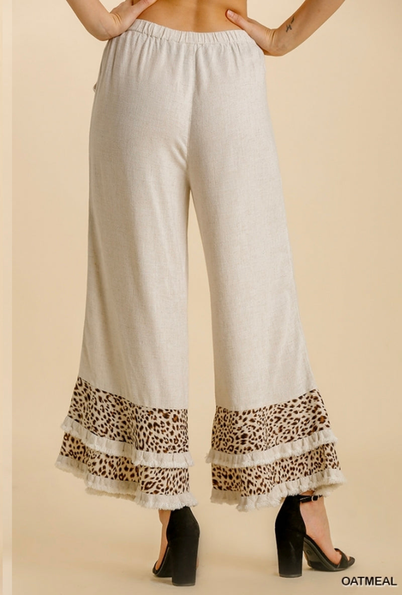 Ms Matthews - Umgee Linen blend animal print elastic waistband fringed layered wide leg pants with pockets - Oatmeal