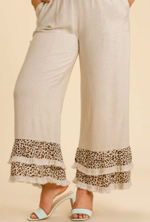 Ms Matthews - Umgee Linen blend animal print elastic waistband fringed layered wide leg pants with pockets - Oatmeal