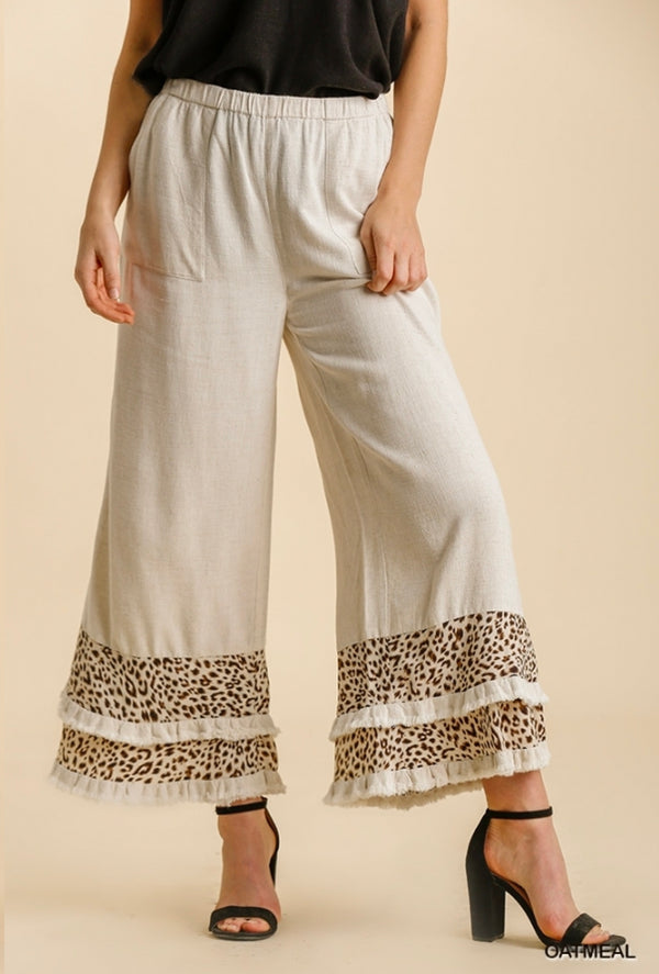 Ms Matthews - Umgee Linen blend animal print elastic waistband fringed layered wide leg pants with pockets - Oatmeal