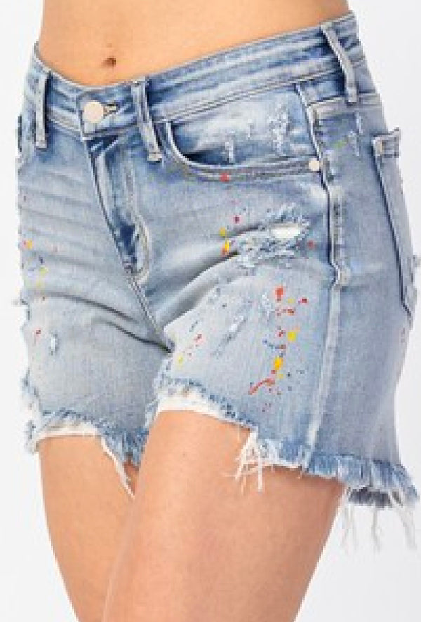 Ms Monet - Judy Blue Rainbow paint splash denim shorts, Rise: 10.25", Inseam 4.5"