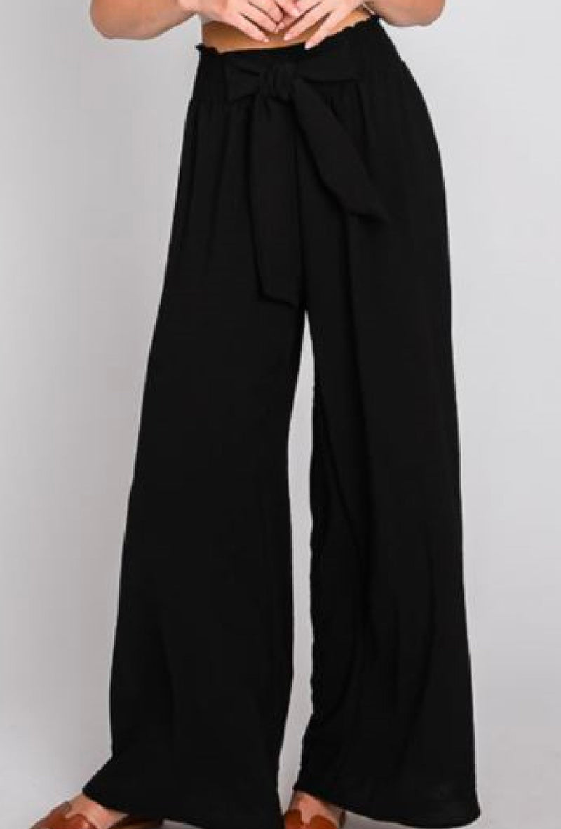 Ms Poppins -  Wide leg maxi pants with smocking waist and front self tie - Black