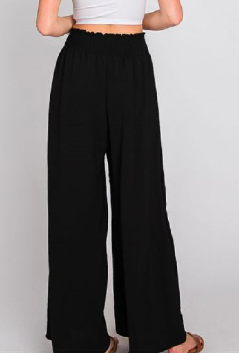 Ms Poppins -  Wide leg maxi pants with smocking waist and front self tie - Black