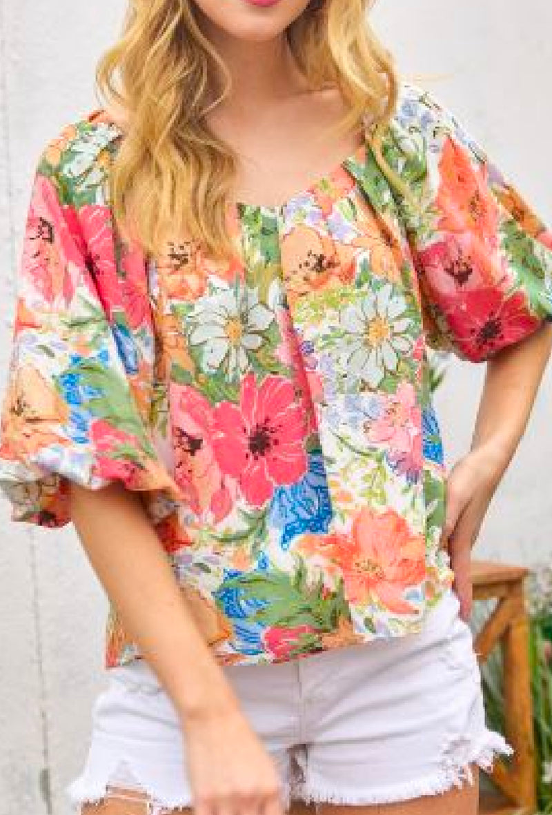 Peggie - Chiffon floral printed blouse with bubble sleeve & tuck on the neckline - Coral