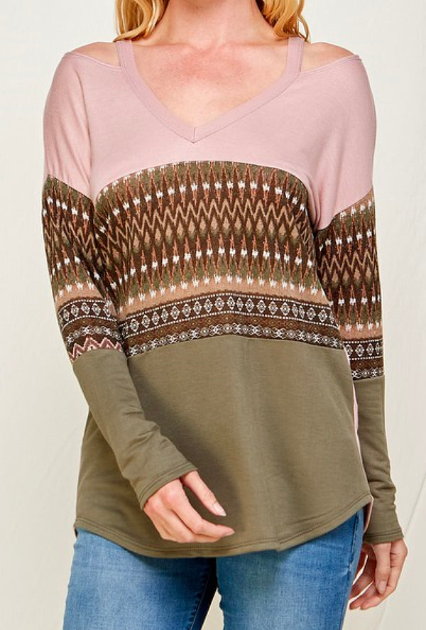 Penelope - Aztec printed and color block long sleeve v-neck - Lt Mauve