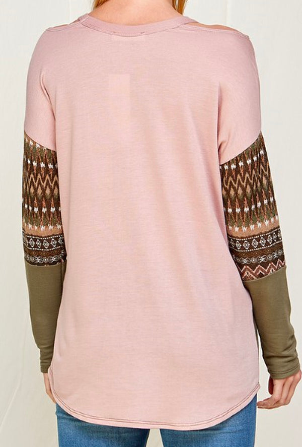 Penelope - Aztec printed and color block long sleeve v-neck - Lt Mauve