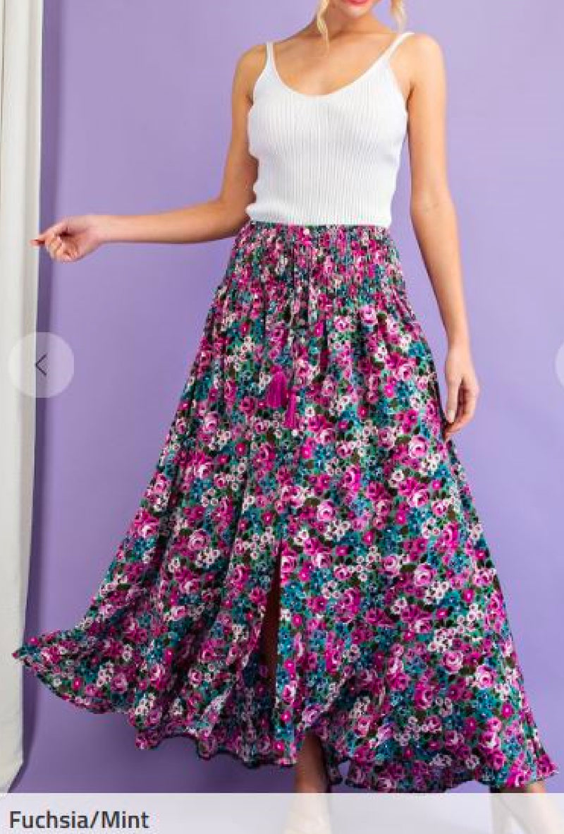 Rubie - Button front floral print maxi skirt - Fuchsia