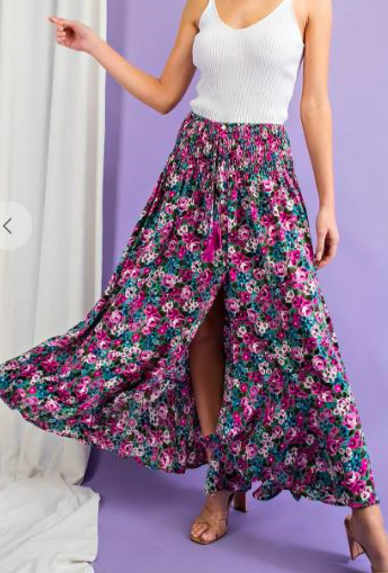 Rubie - Button front floral print maxi skirt - Fuchsia