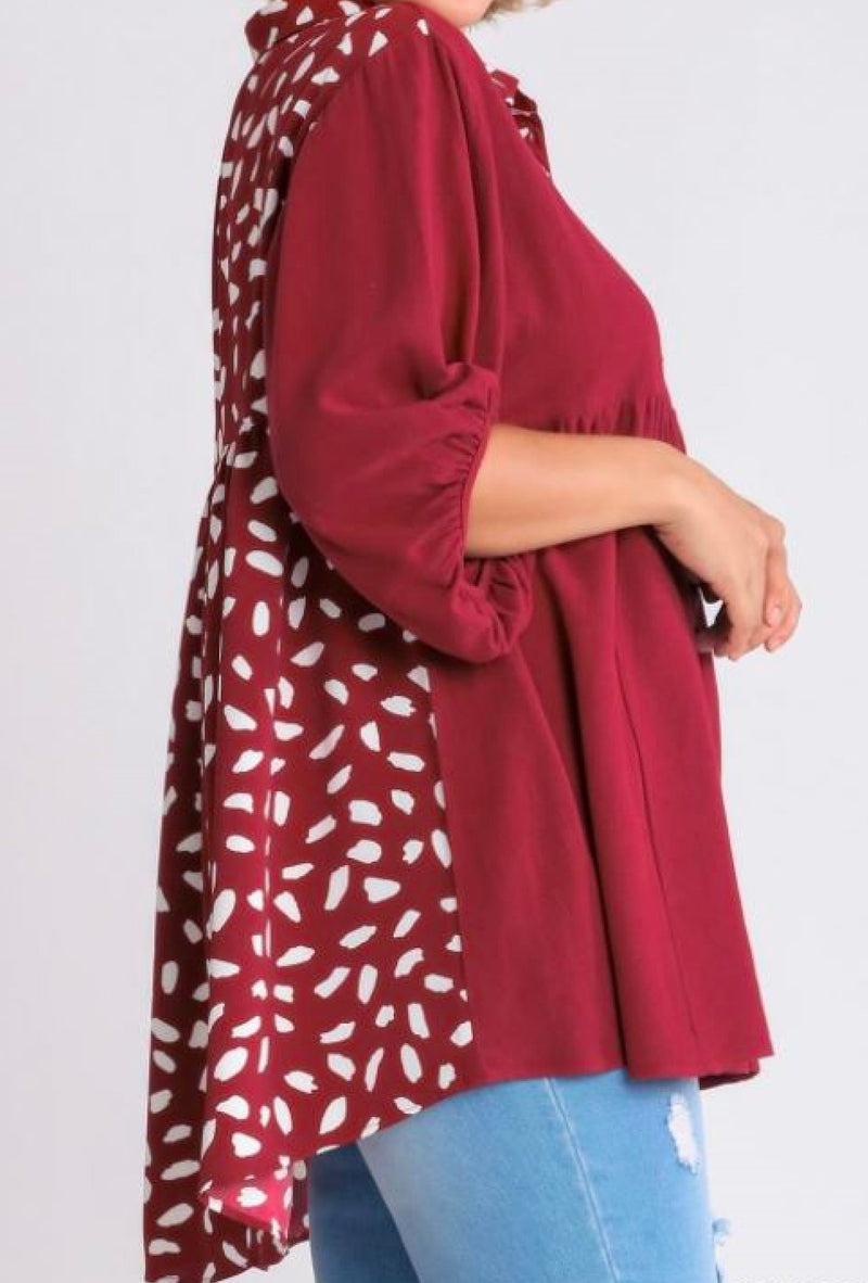 Stevie - Umgee Linen blend animal print collar button down tunic dress with tiered back - Crimson