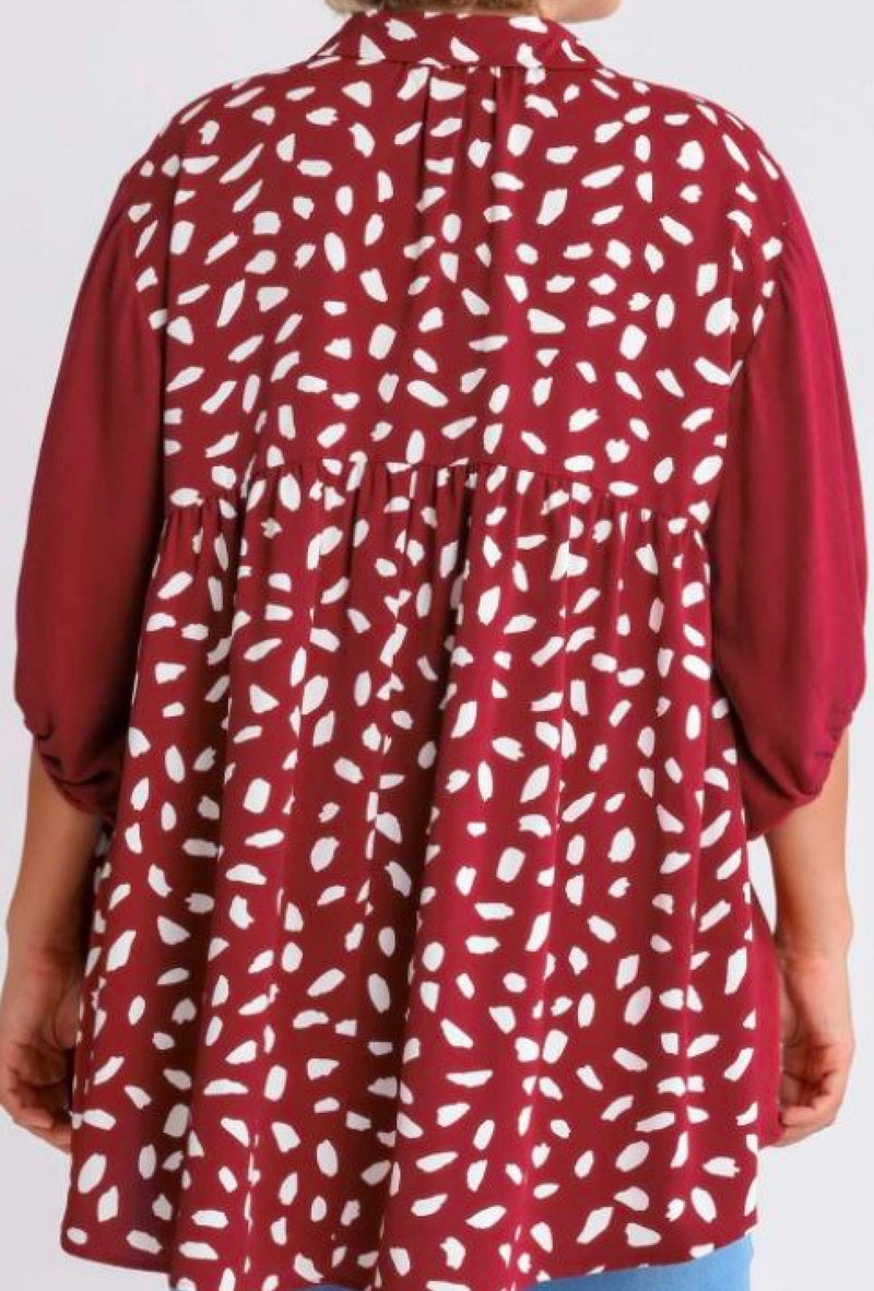 Stevie - Umgee Linen blend animal print collar button down tunic dress with tiered back - Crimson