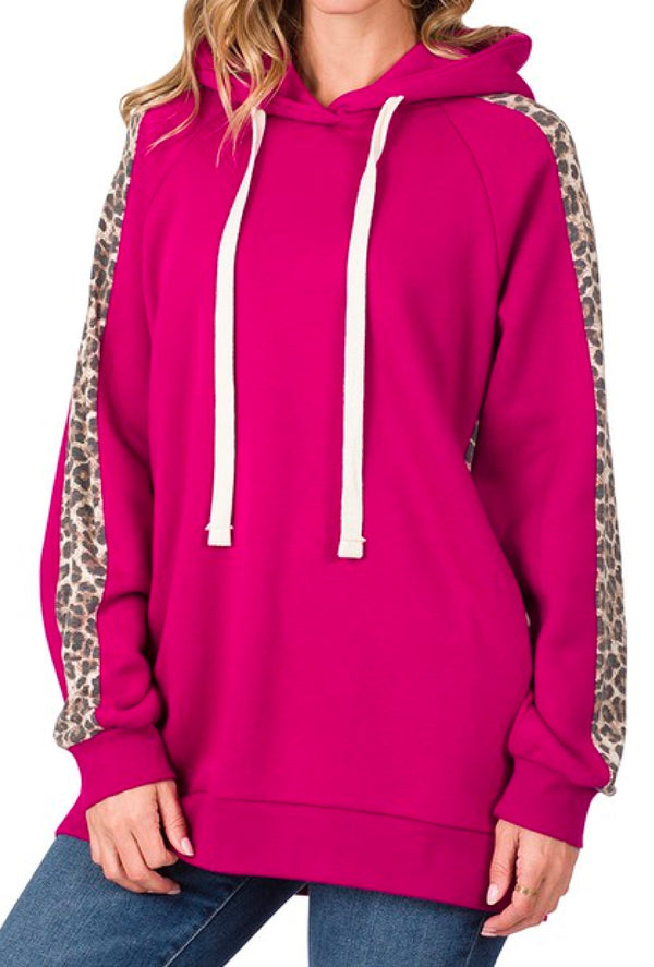 Tara  - Contrast side panel leopard sweat hoodie with pockets - Magenta