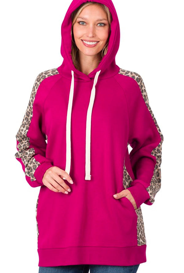 Tara  - Contrast side panel leopard sweat hoodie with pockets - Magenta