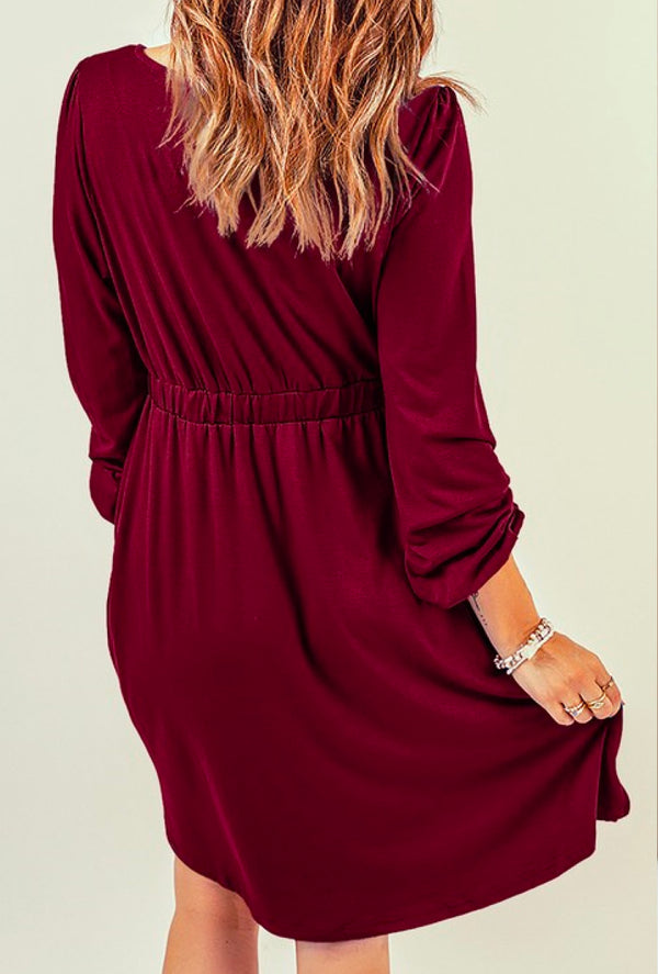 Trinity Joan - Shirred button mini dress long sleeve - Red