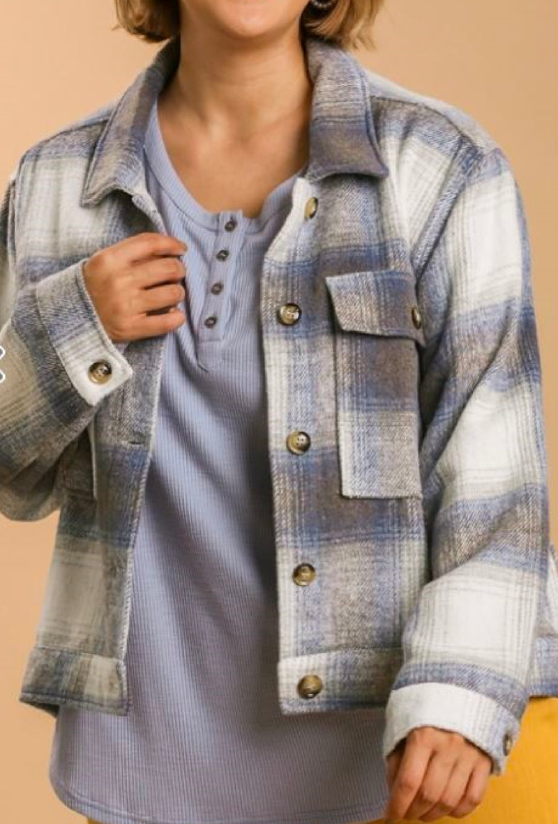 Kara - Brushed twill plaid collar button down cropped jacket with front pockets