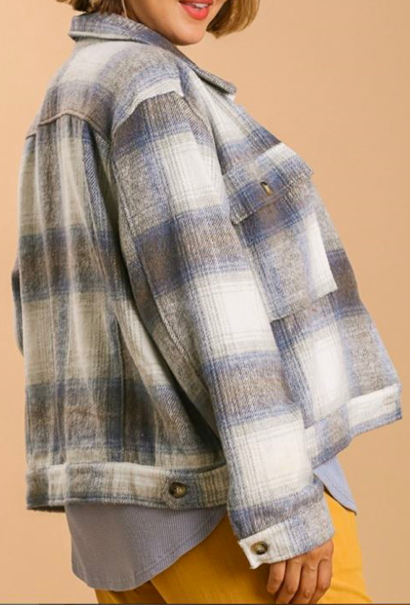 Kara - Brushed twill plaid collar button down cropped jacket with front pockets