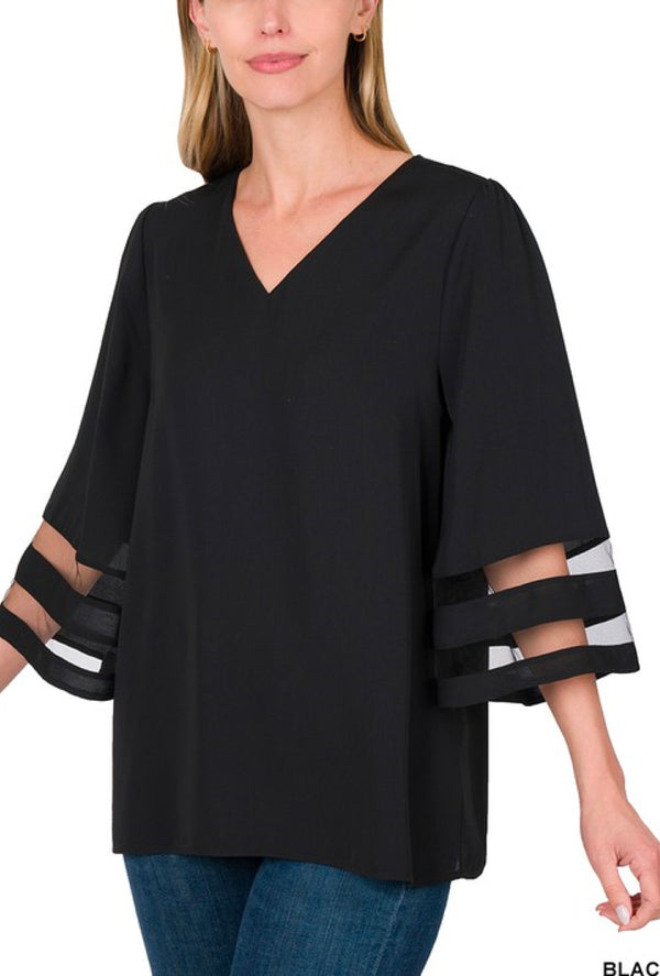 Wilma - Woven wool peach mesh panel, 3/4 bell sleeve top - Black