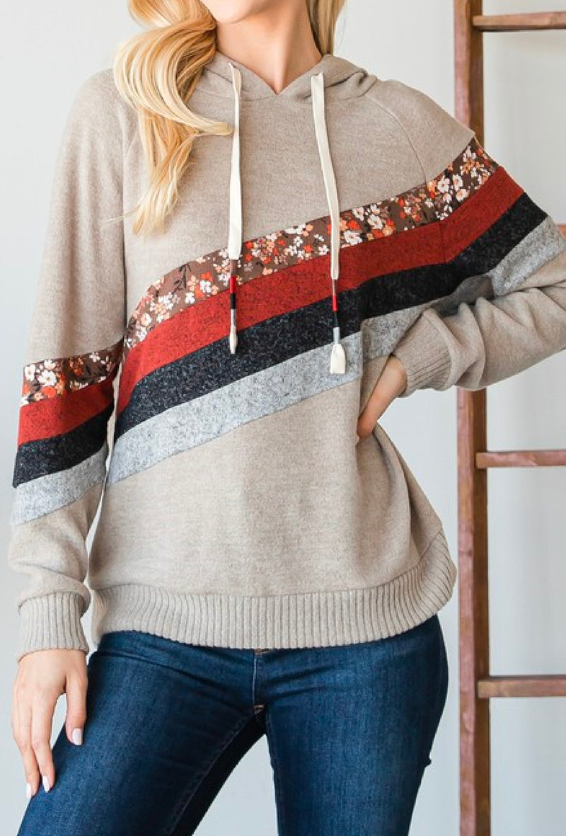 Wynn - Quad-stripe color block hoodie with beige, floral print, and a solid rust, charcoal, grey fabric