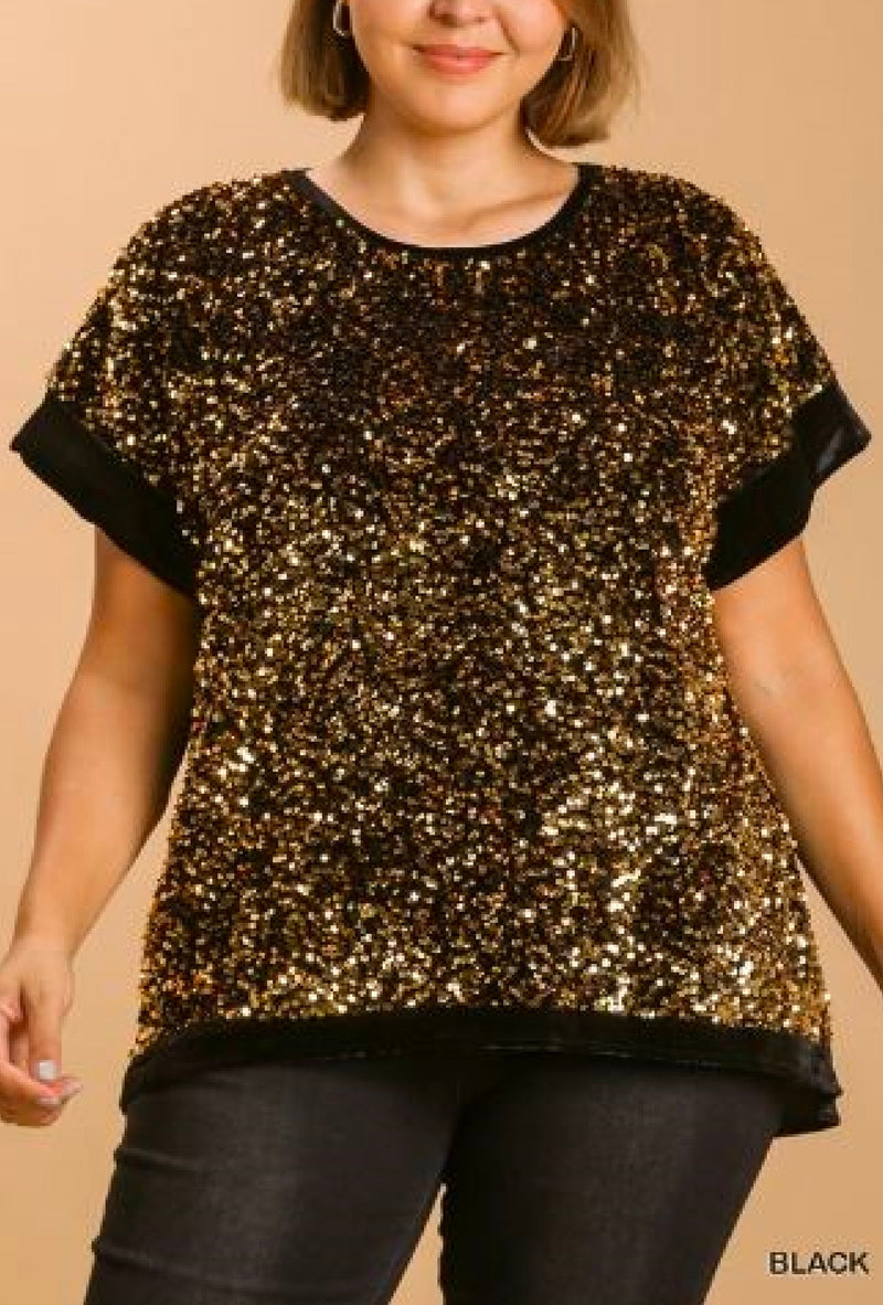 Wynter - Umgee Velvet sequin short folded sleeve top with lining - Black