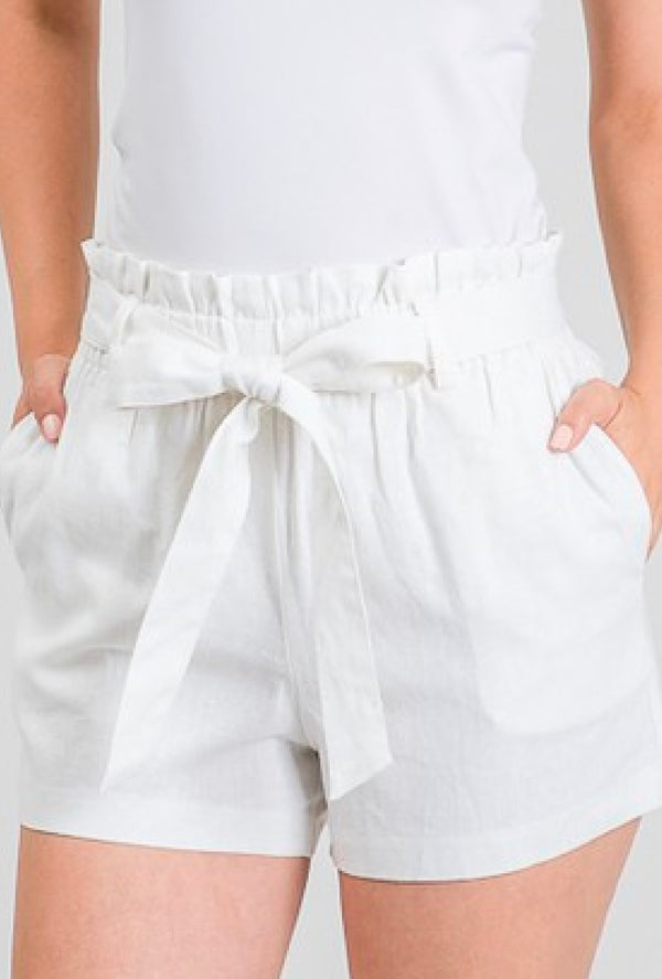 Ms Ball - Front tie waist, Linen paper bag fabric with side pockets, elastic stretch waistband - Ivory